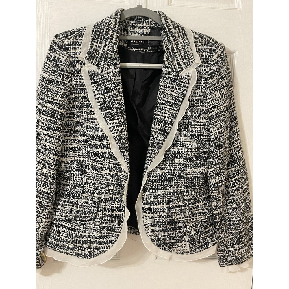 Axcess Women Notch Lapel Contrast Piping Long Sleeve Tweed Blazer Jacket 12
